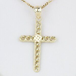 10K Gold Curb Link Cross Pendant Charm Christian Religious Stylized Jewelry Gift